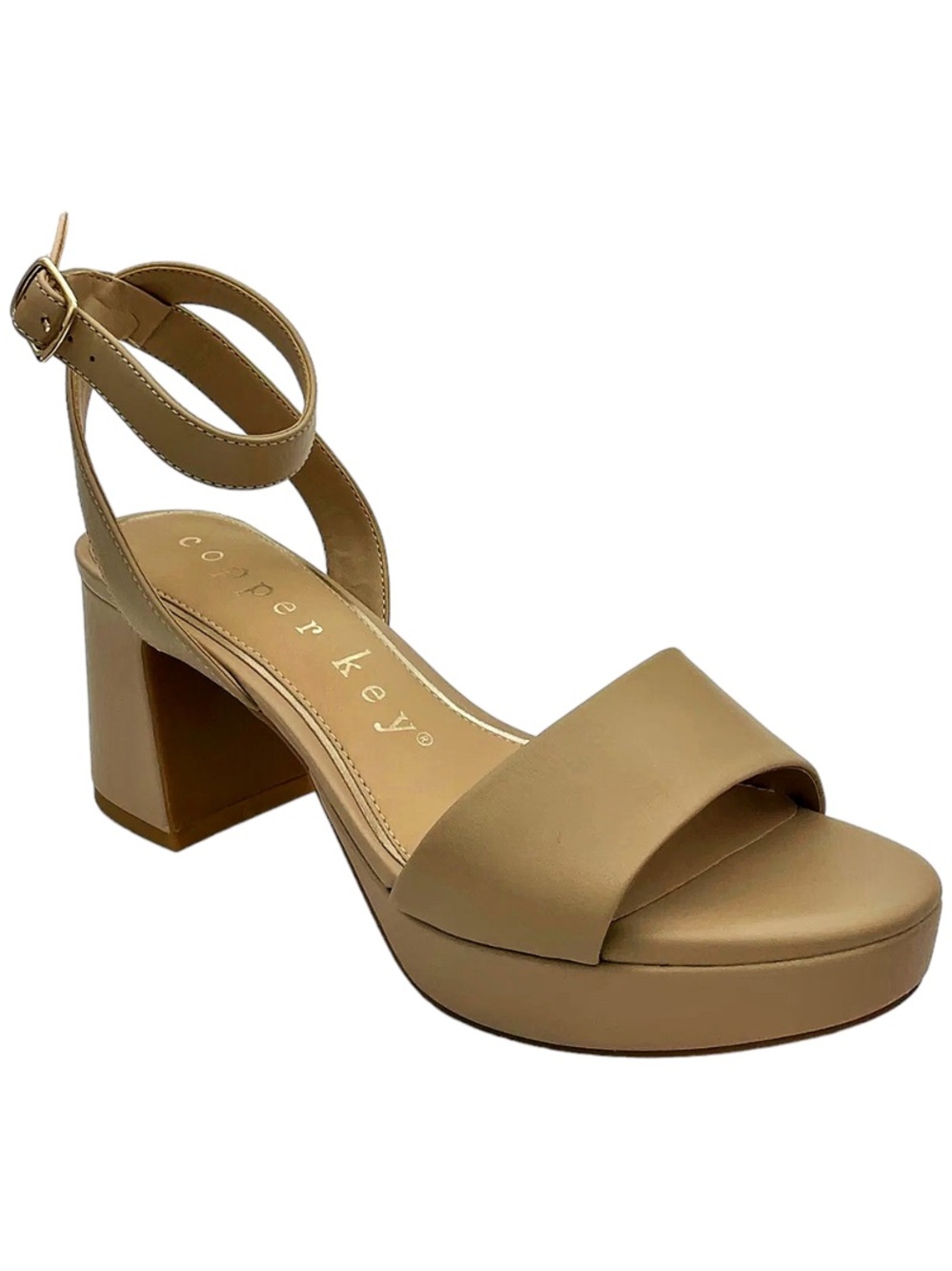 Copper Key Adore Leather Platform Sandals Block Heel Ankle Strap Nude Beige Tan